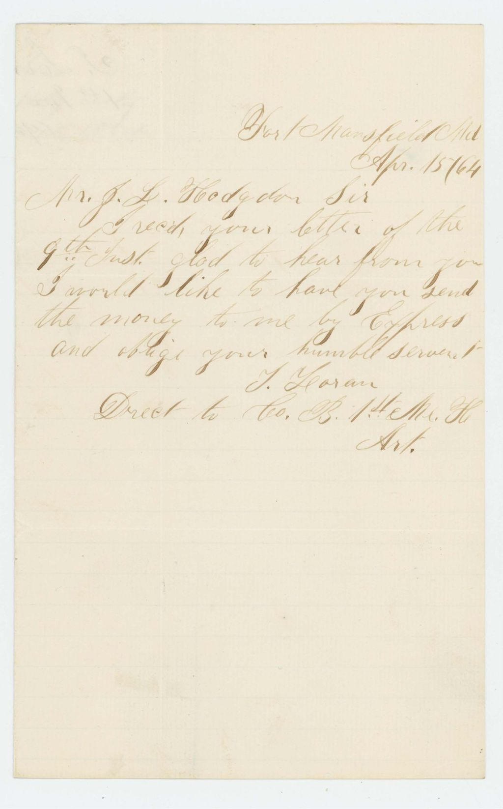 Miniature of J. Loran acknowledges receipt of letter about bounty payment