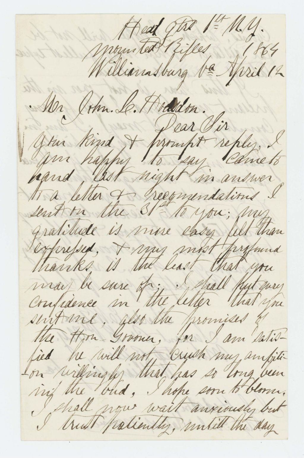 Miniature of Sergeant Charles E. Wilson, 1st NY Mounted Rifles, requests favor of General John Hodsdon