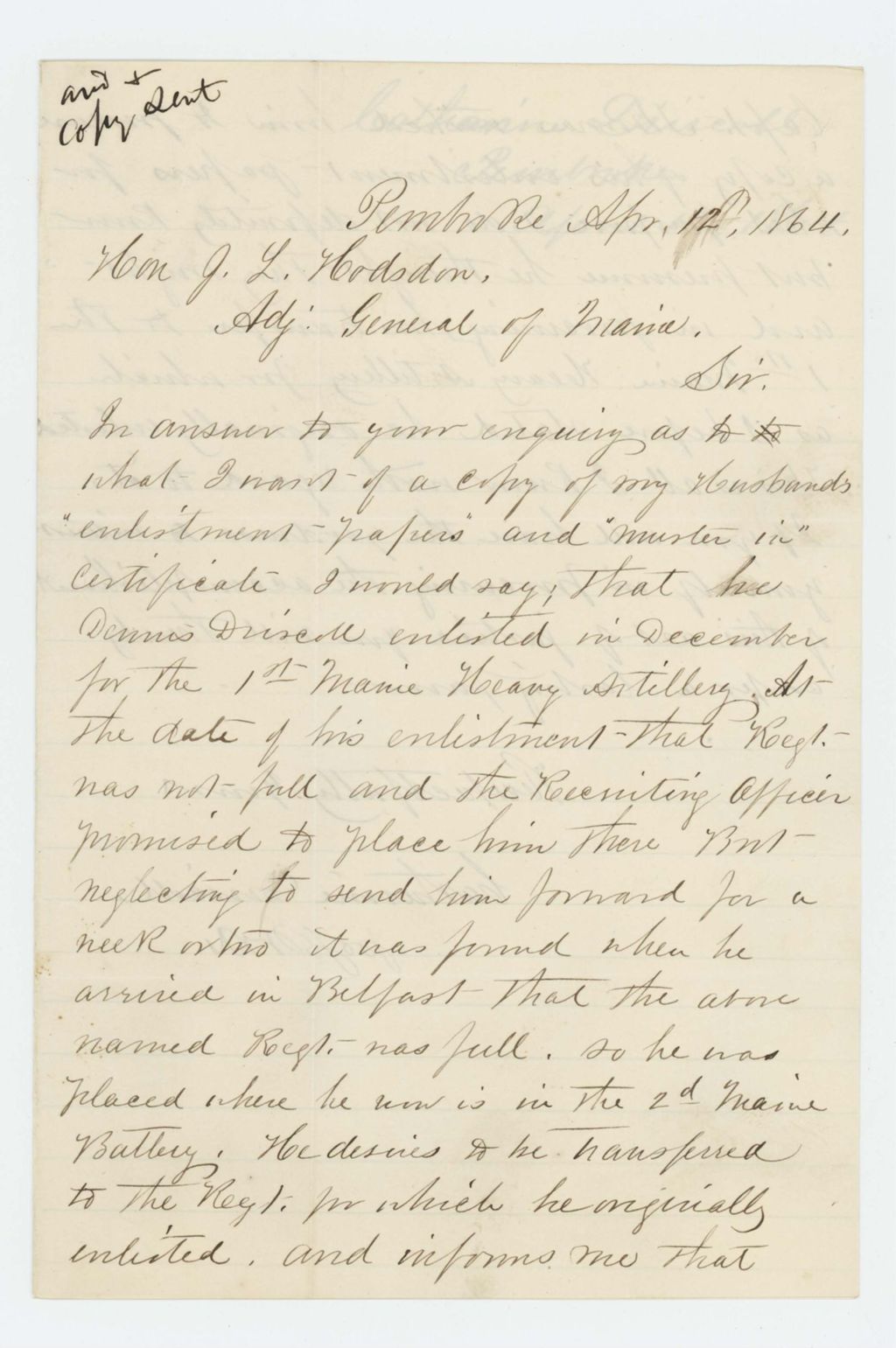 Miniature of Catherine Driscoll requests husband's enlistment and muster papers