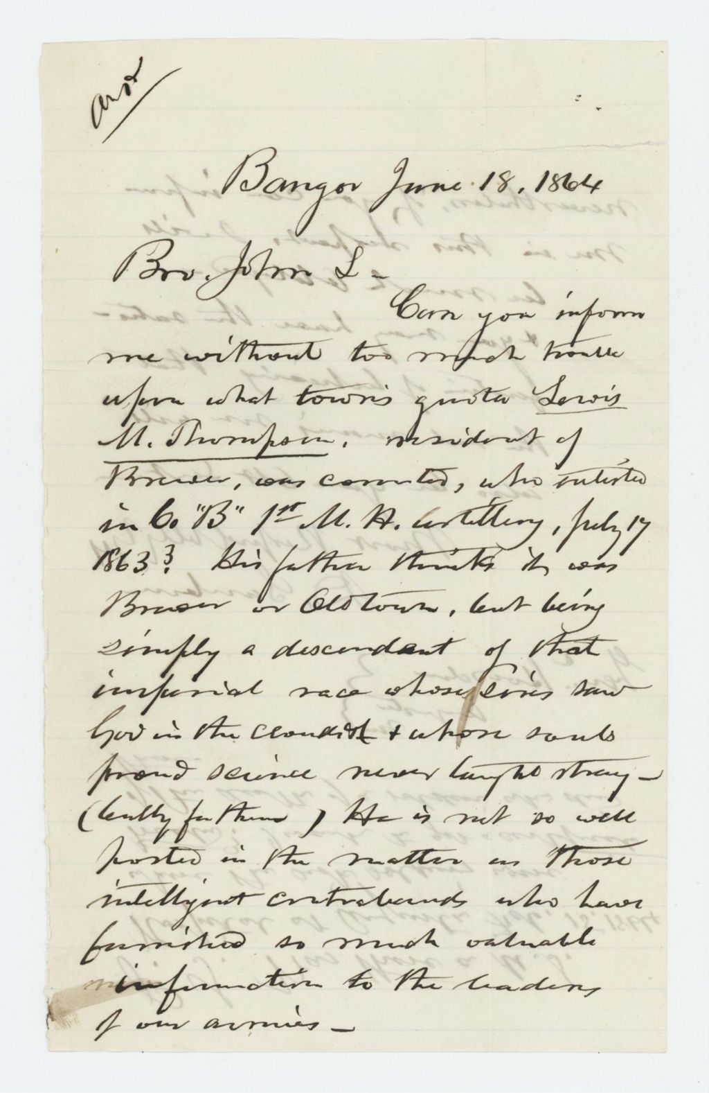 Miniature of D. Sanborn inquires about Lewis M. Thompson of Brewer