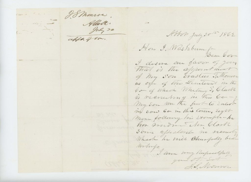 Miniature of J.S. Monroe requests a lieutenant's commission for his son Erastus T. Monroe