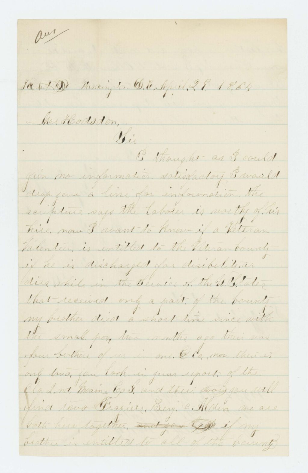 Miniature of Benjamin Frazier, Jr. asks if he is eligible for bounty payment as a veteran volunteer