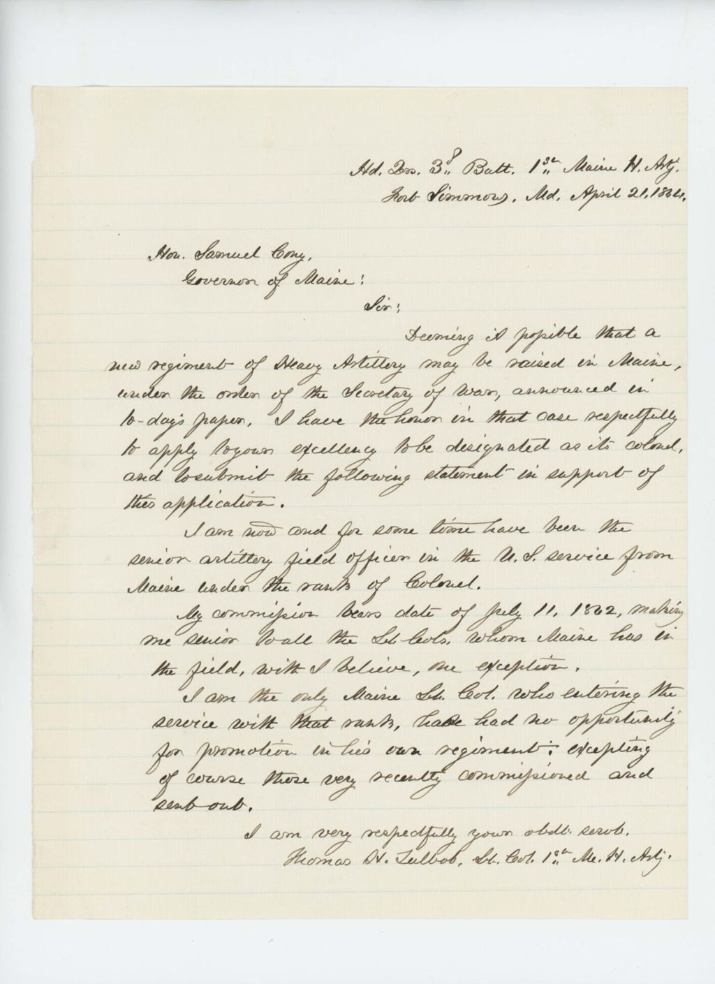 Miniature of Lieutenant Colonel Thomas H. Talbot requests position as Colonel