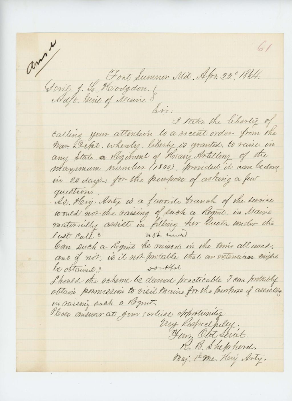 Miniature of Major R.B. Shepherd inquires about raising a regiment of 1800 men