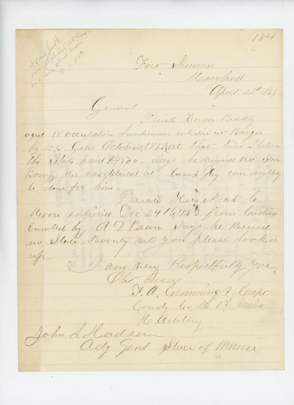 Miniature of Captain F.A. Cummings requests bounty payment for Horace Buckly and Hezekiah Moore