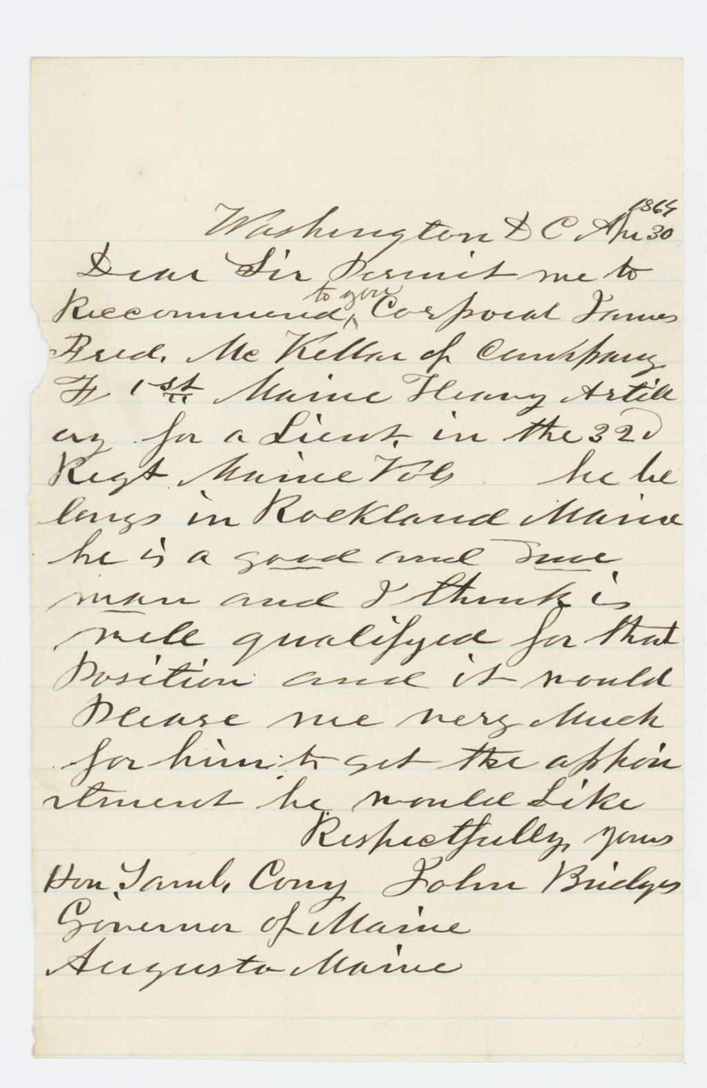 Miniature of John Bridges recommends Corporal James Reed McKellar for promotion