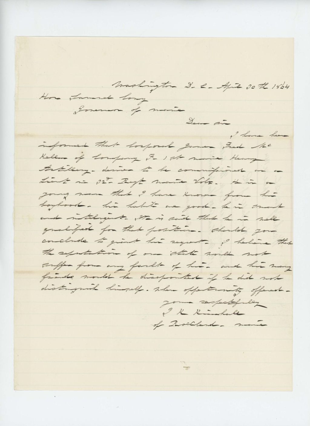 Miniature of J.R. Kimball recommends Corporal James McKellar for promotion