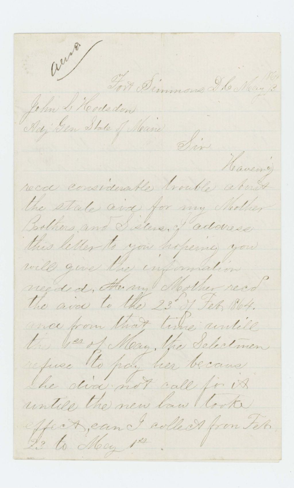 Miniature of Corporal Augustus P. Nash requests help in obtaining state aid for his family