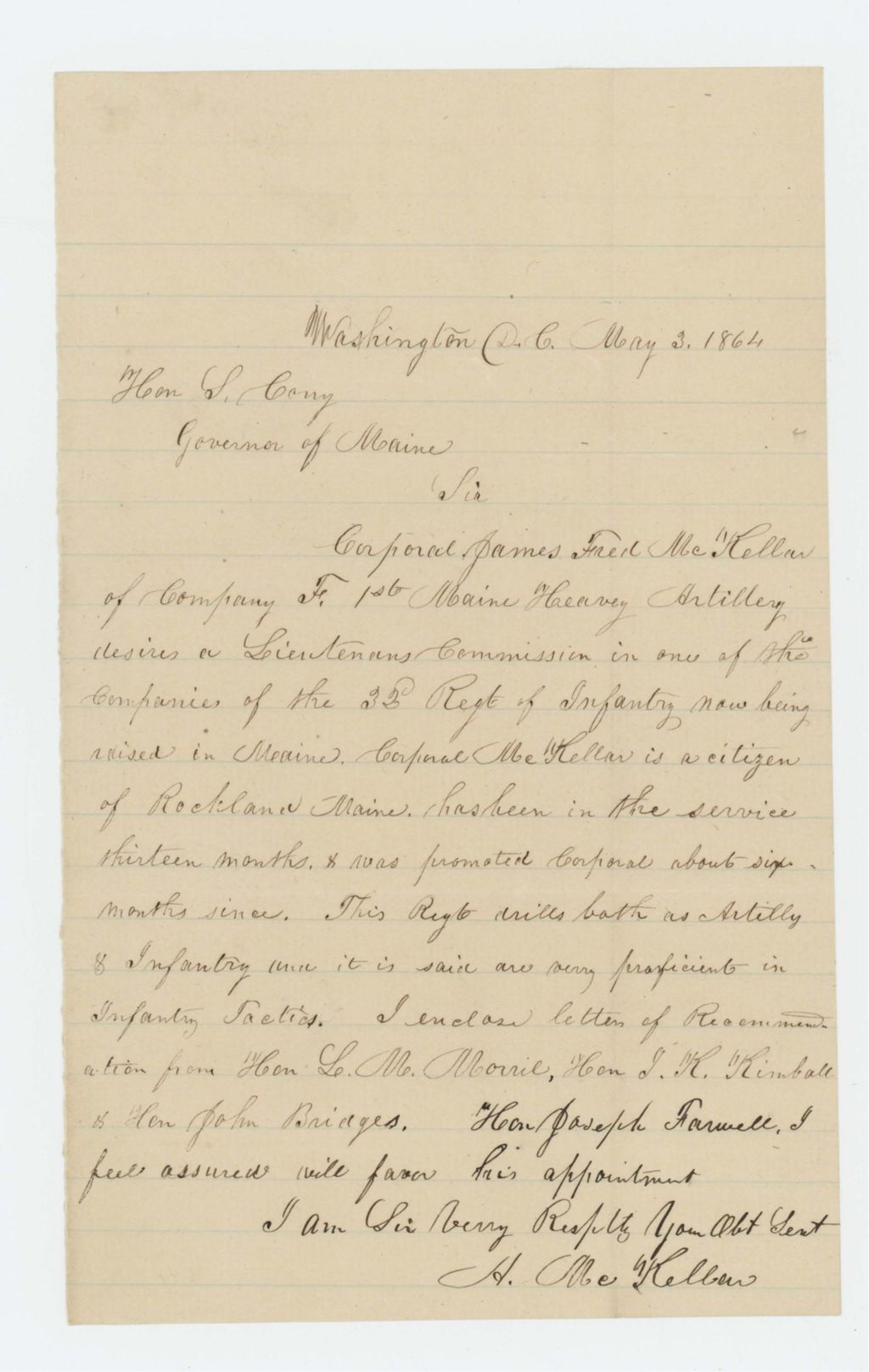 Miniature of H. McKellar and Joseph Farwell recommend Corporal James McKellar for promotion