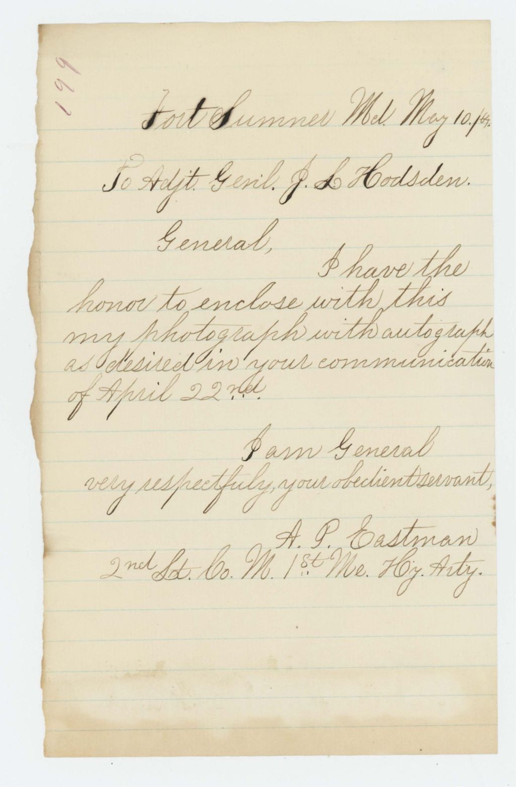Miniature of Lieutenant Albert P. Eastman forwards his photograph to Adjutant General Hodsdon
