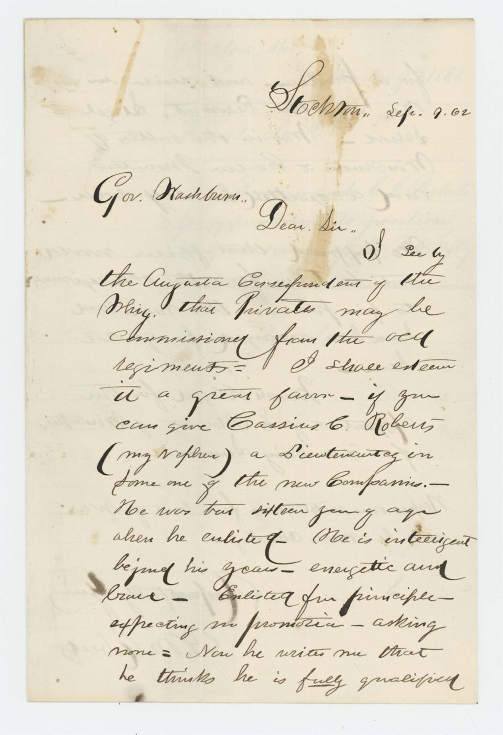 Miniature of R.M. Roberts requests a commission for his nephew Cassius C. Roberts