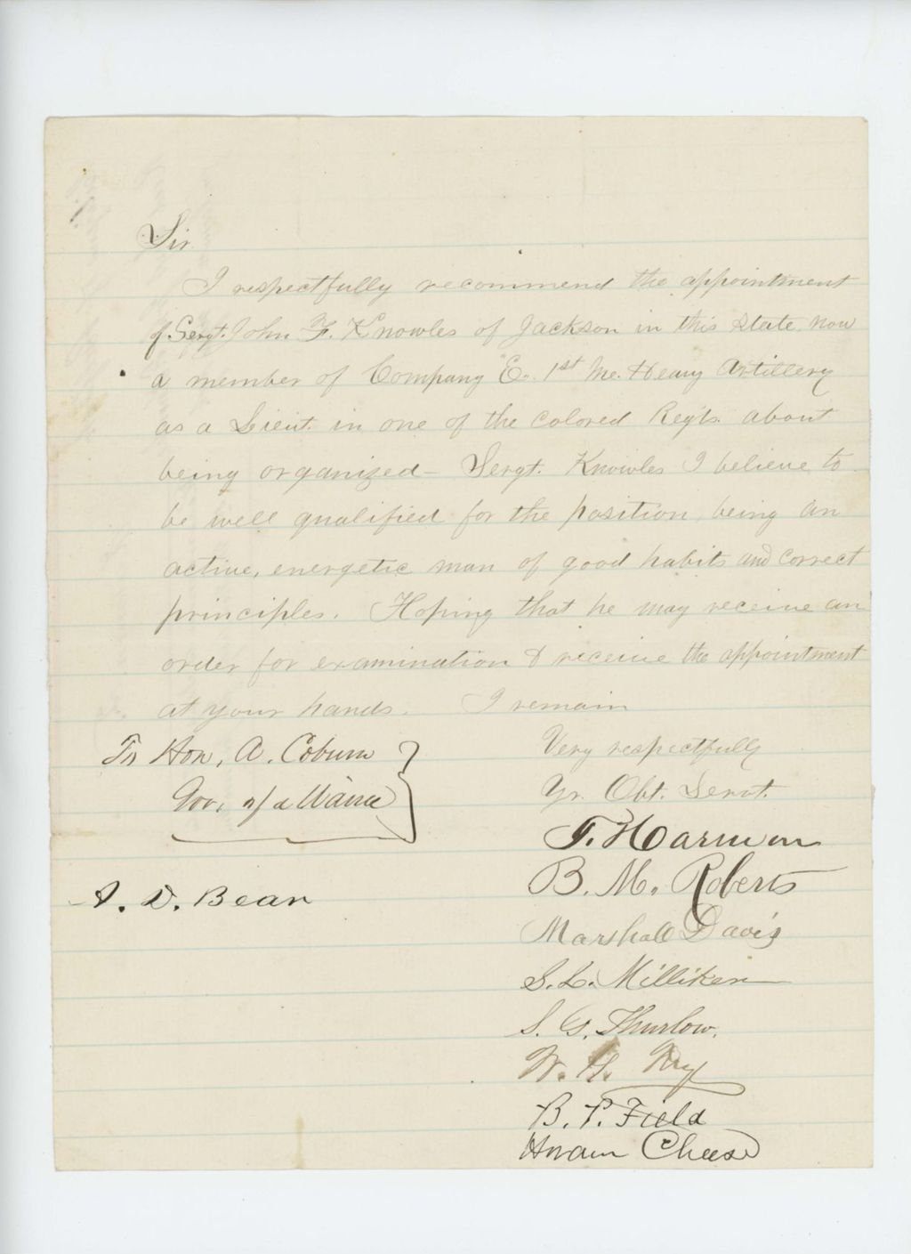Miniature of Undated - F. Harmon and citizens of Belfast recommend Sergeant John Knowles for promotion
