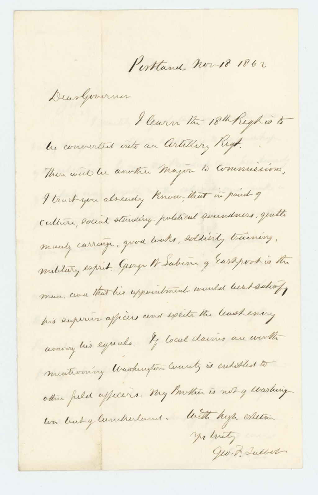 Miniature of George F. Talbot recommends George W. Sabine of Eastport for commission as Major