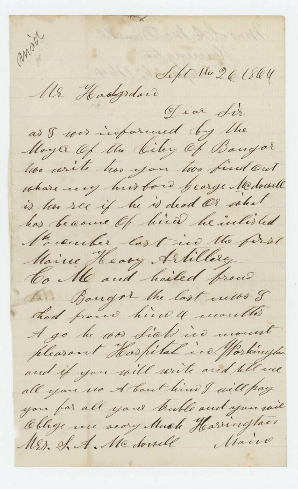 Miniature of Mrs. S.A. McDowell inquires if her husband George J. McDowell is dead