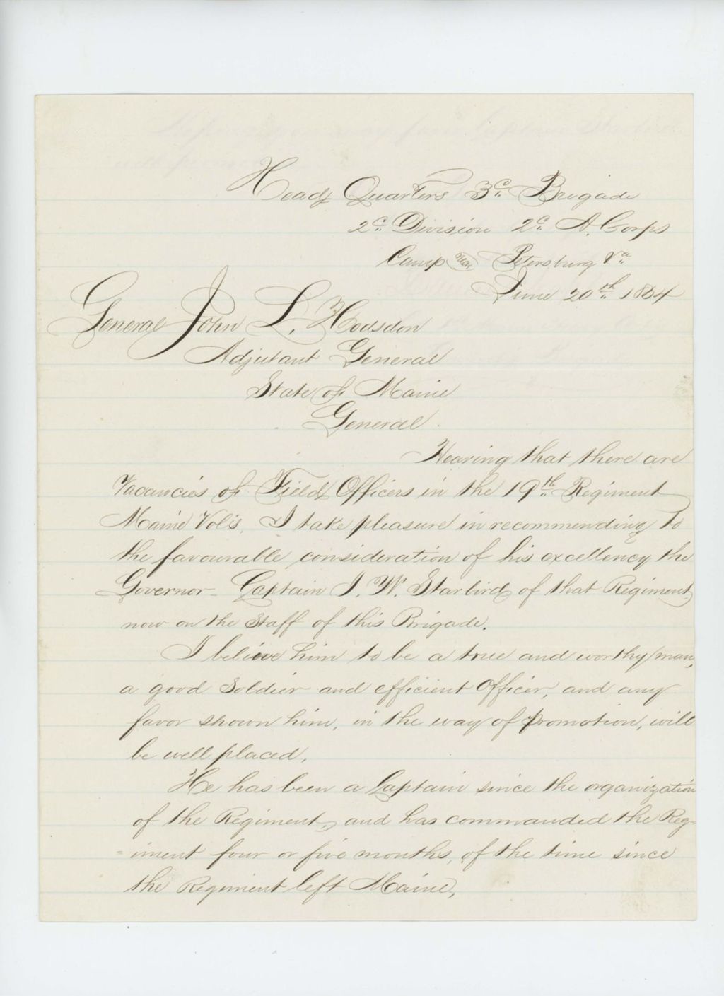 Miniature of Colonel Chaplin recommends Captain I.W. Starbird for the 19th Maine Regiment
