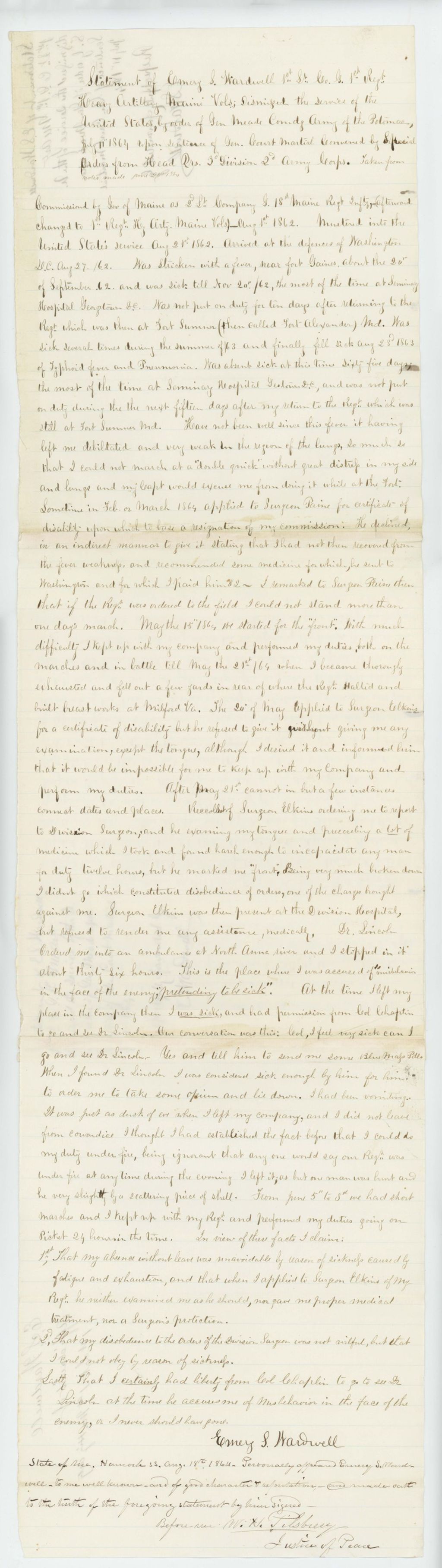 Miniature of Statement of Emery S. Wardwell, 1st Lieutenant Co. G, 1st Regiment Heavy Artillery Maine Vols; Dismissed the service of the United States, by order of Gen. Meade, Commander, Army of the Potomac, July 11, 1864 upon sentence of Gen. Court Martial Convened by Special Orders from Headquarters 3rd Division, 2nd Army Corps.  Taken from notes made June 28, 1864.