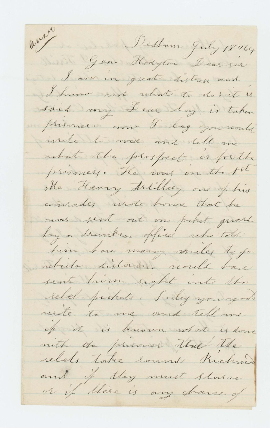 Miniature of Amanda Tirrill asks about her son Charles, who was taken prisoner while on picket duty