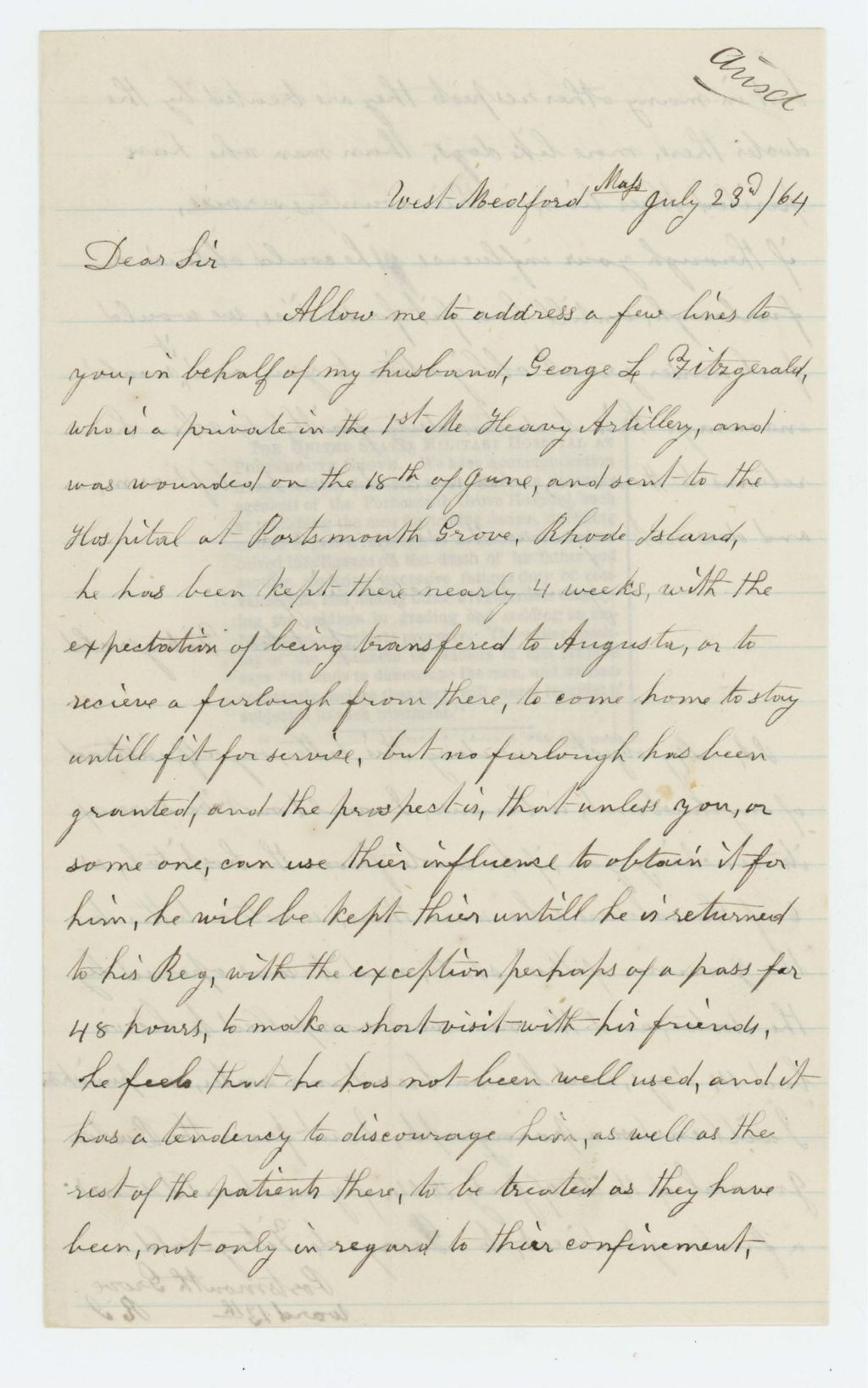 Miniature of Letitia Fitzgerald requests a furlough for her husband George, ill in Portsmouth Grove Hospital