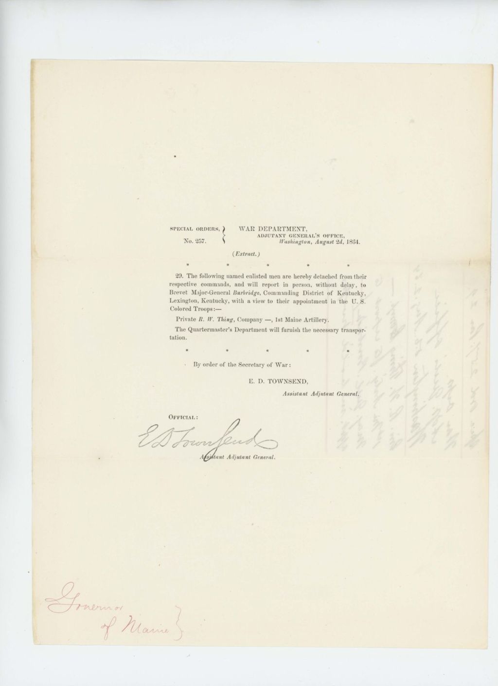 Miniature of Special Order 257 appointing Private R.W. Thing to the US Colored Troops