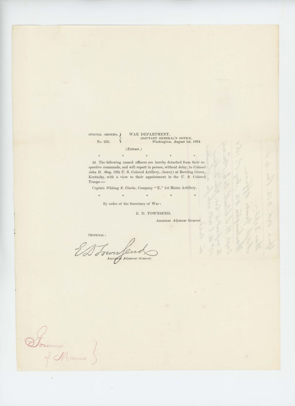 Miniature of Special Order 256 appointing Captain Whiting S. Clarke to US Colored Troops