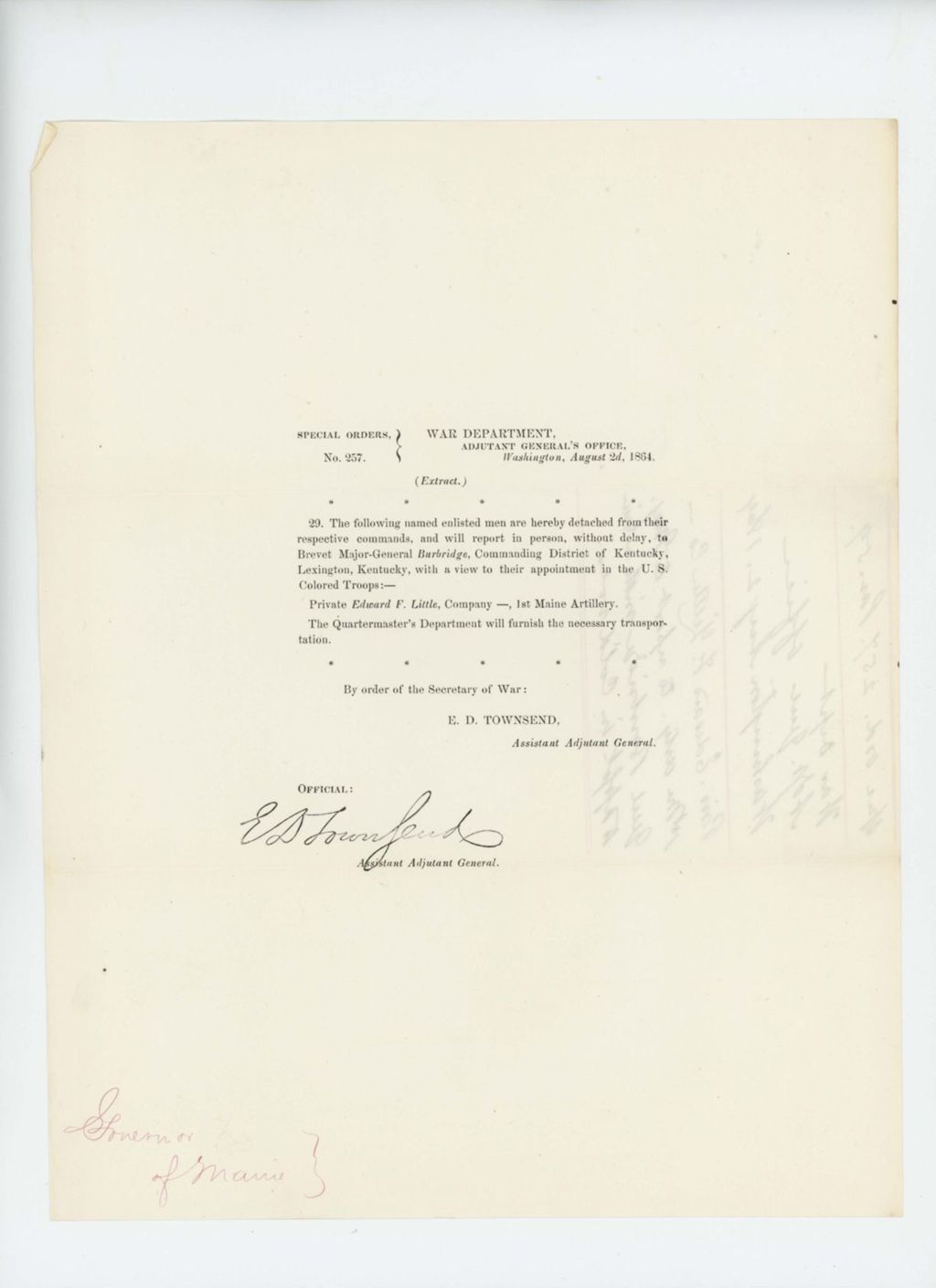 Miniature of Special Order 257 appointing Private Edward F. Little to the US Colored Troops