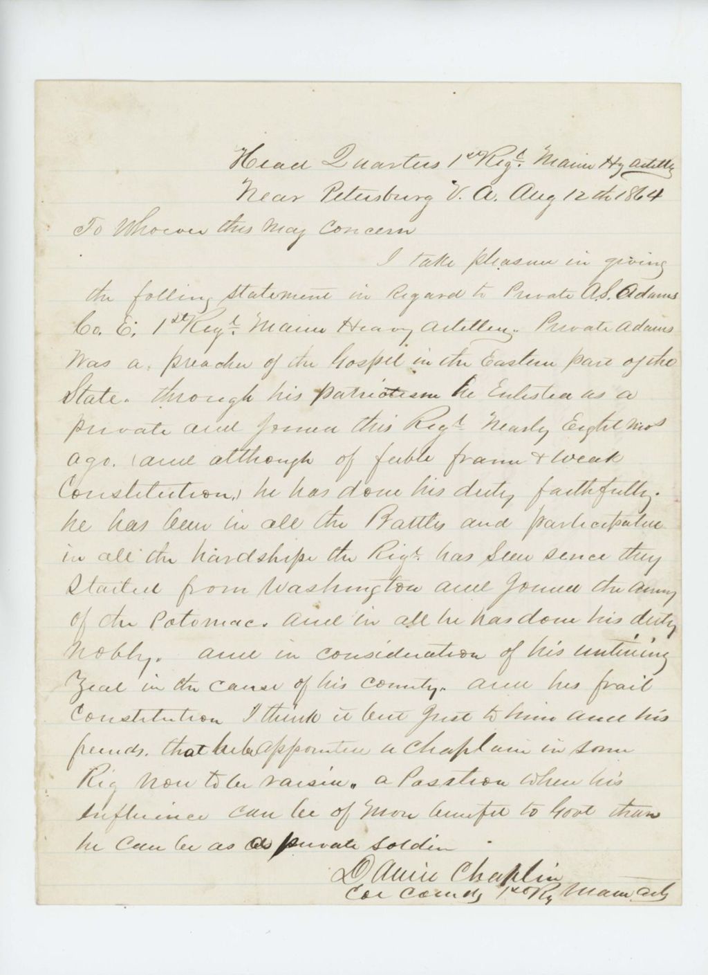 Miniature of Colonel Chaplin recommends Private A.S. Adams for chaplain