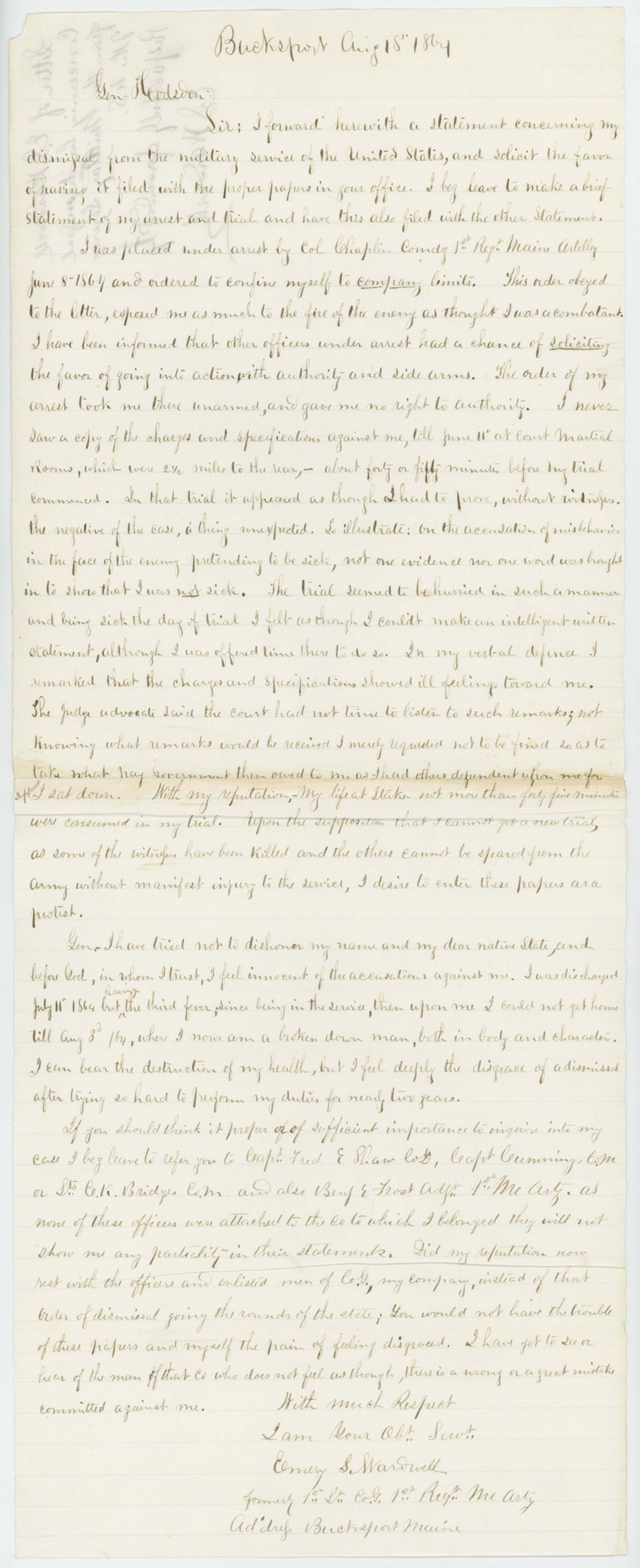 Miniature of Emery S. Wardwell writes concerning his dismissal from service