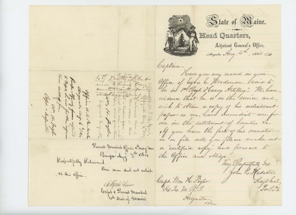 Miniature of Adjutant General Hodsdon writes Captain William H. Fogler requesting enlistment papers for Ezra E. Woodman