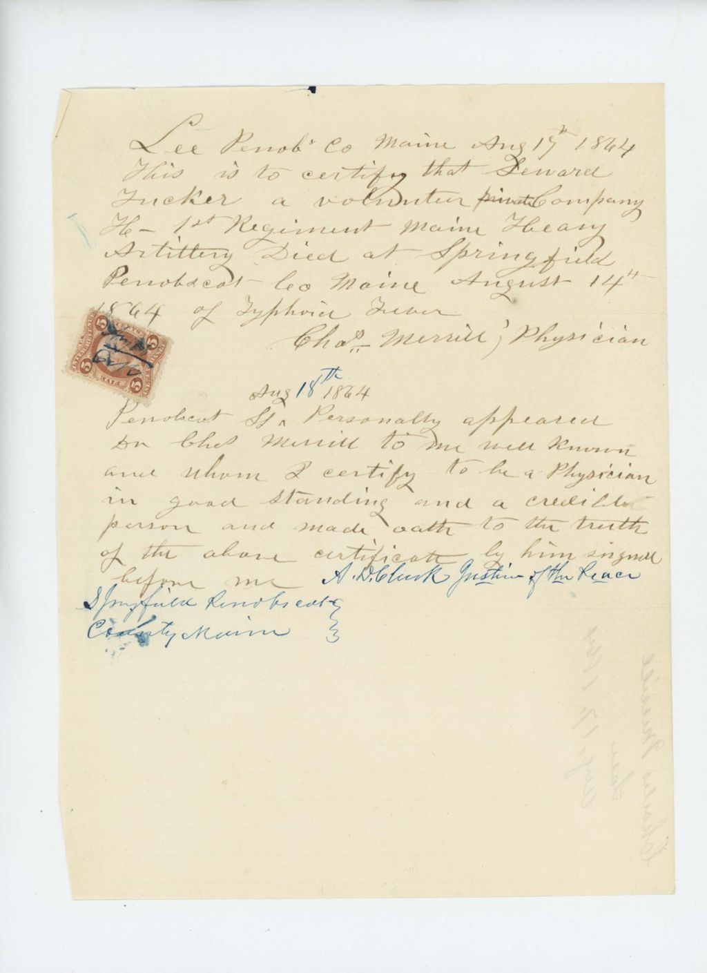 Miniature of Charles Merrill, MD, certifies the death of Seward Tucker at Springfield