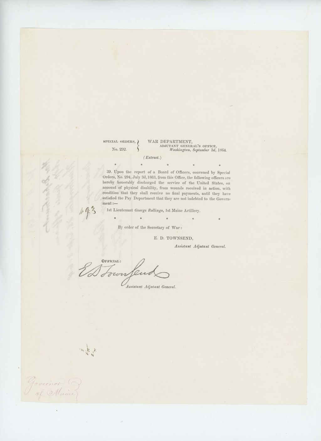 Miniature of Special Order 292 discharging Lieutenant George Rollings for disability from wounds received in action