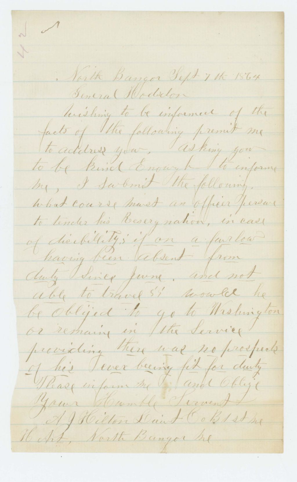 Miniature of Lieutenant A.J. Hilton inquires about tendering a resignation due to disability