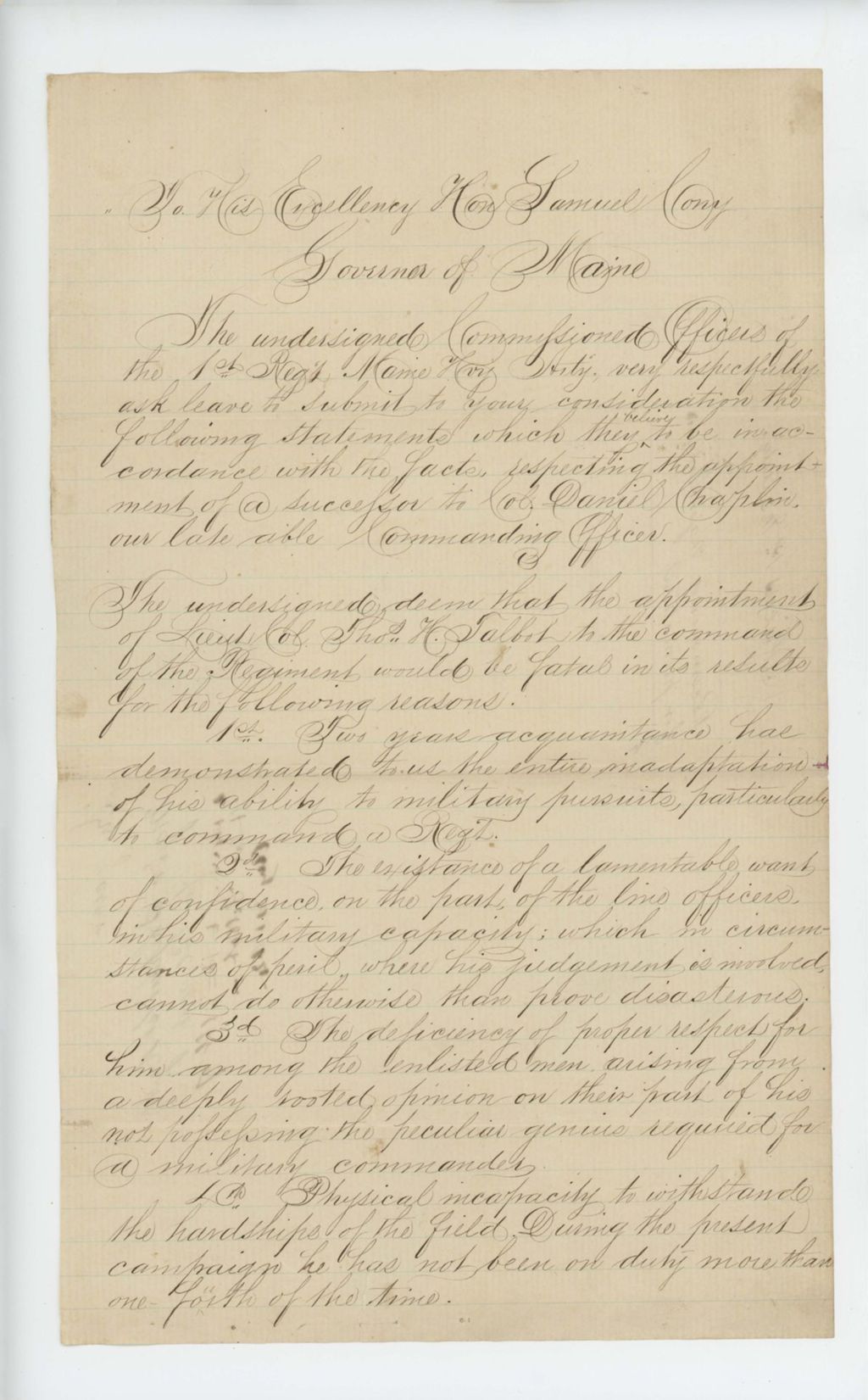 Miniature of Zemro Smith and other commissioned officers request that Governor Coburn appoint Major Shepherd to lead the regiment, saying the appointment of Thomas Talbot "would be fatal in its results"