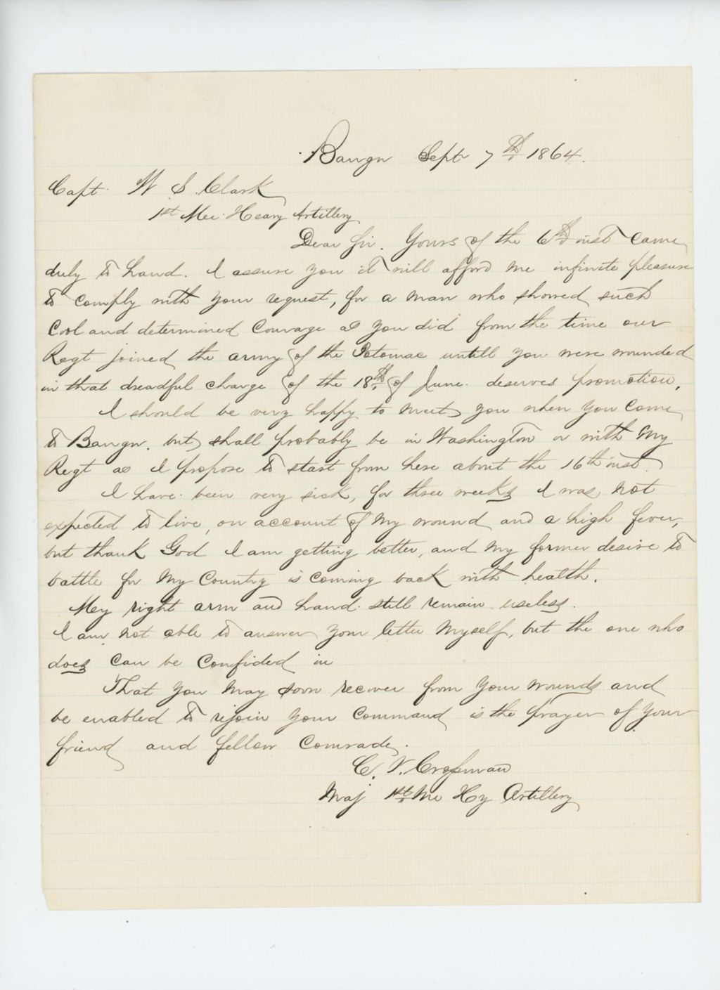 Miniature of Major Chris V. Crossman writes to Captain W.S. Clark about their wounding