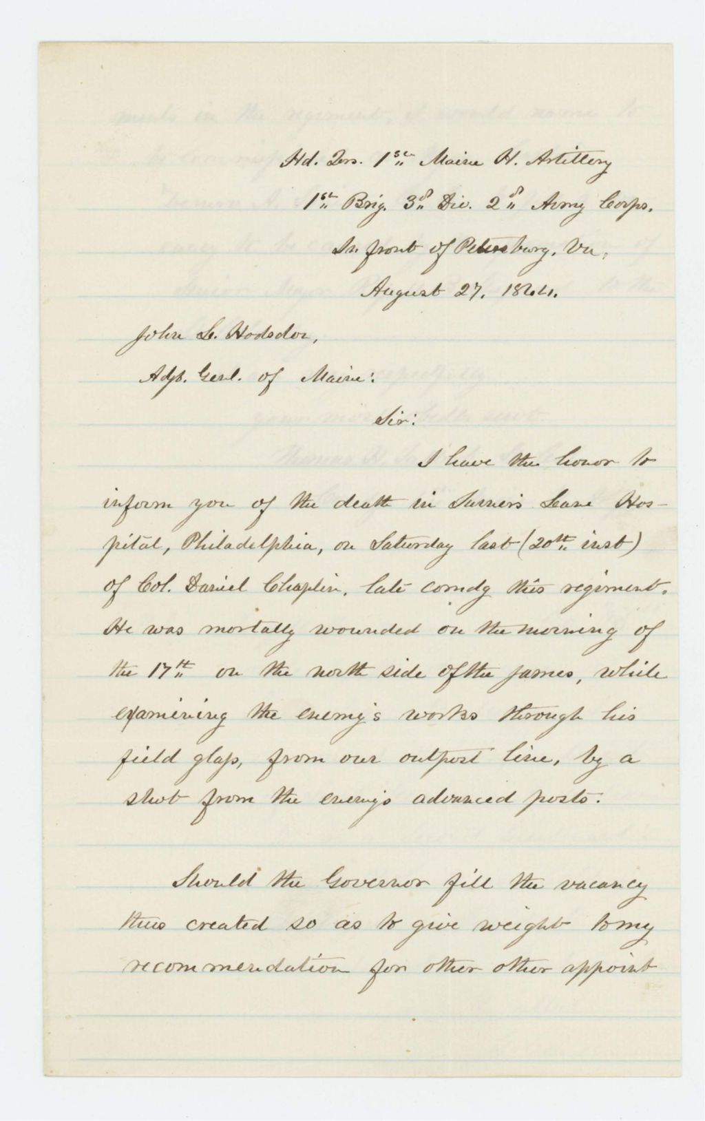 Miniature of Lt. Colonel Thomas H. Talbot informs Adjutant General Hodsdon of the death of Colonel Daniel Chaplin
