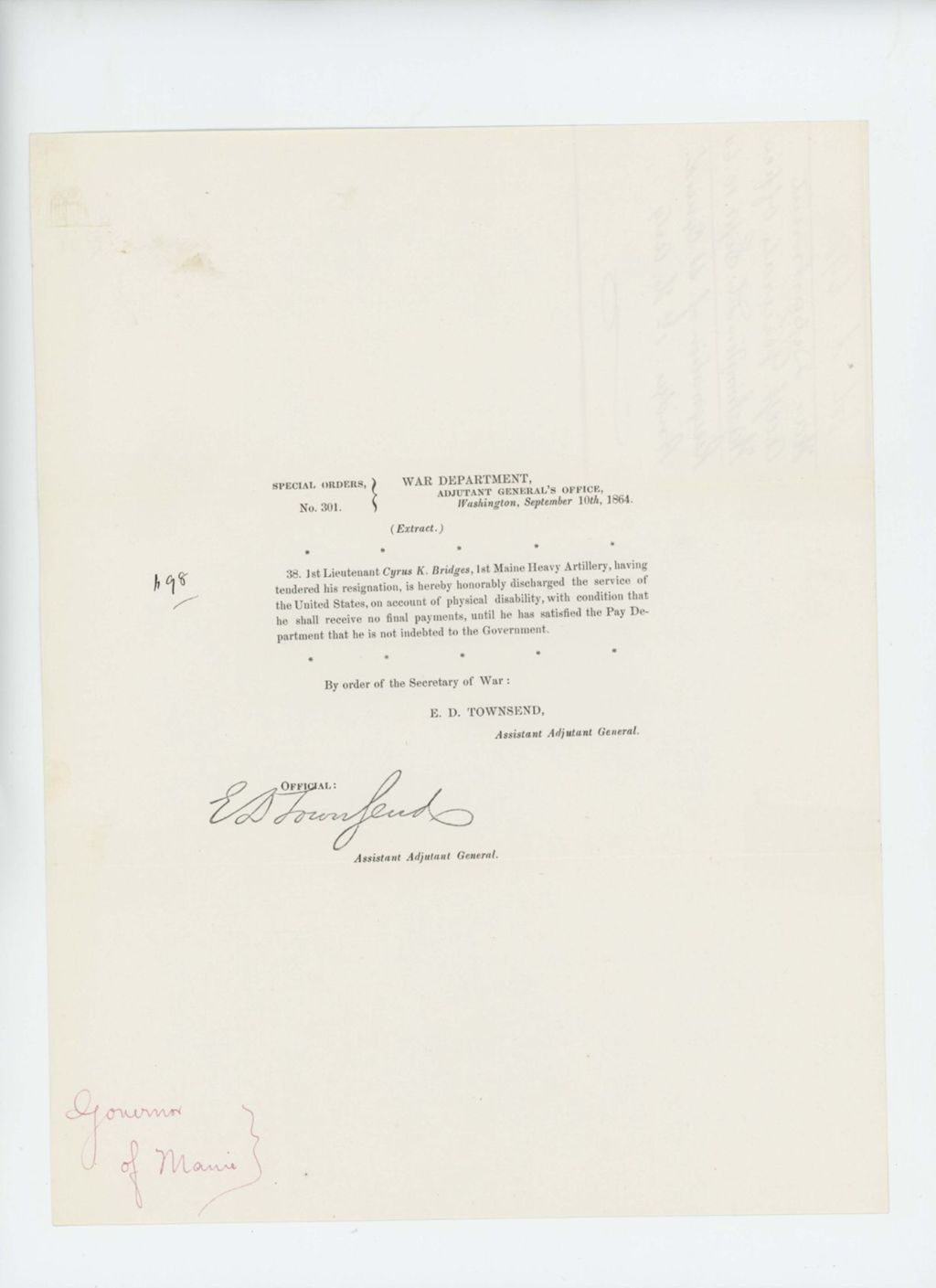 Miniature of Special Order 301 honorably discharging Lieutenant Cyrus K. Bridges for disability