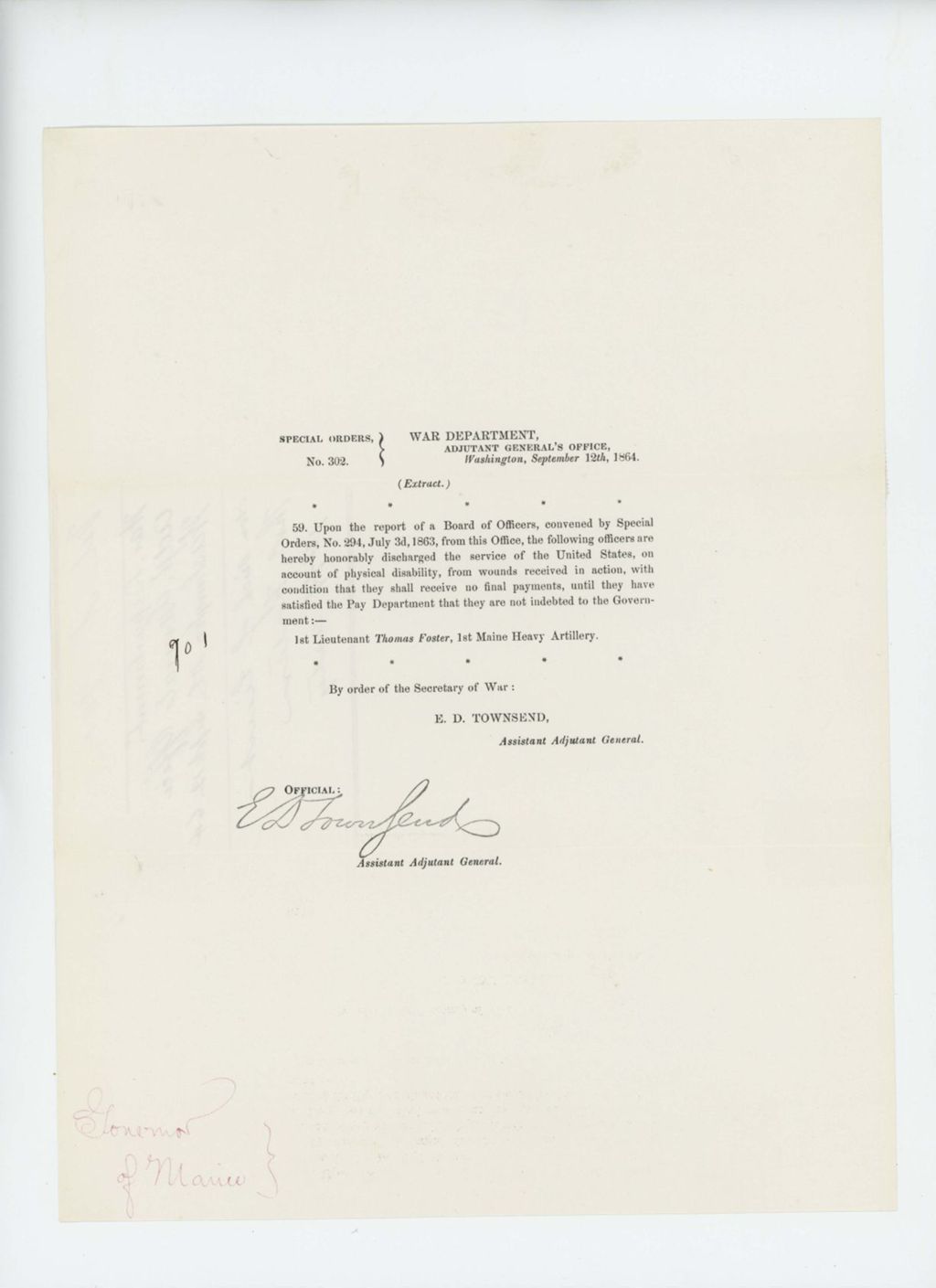 Miniature of Special Order 302 honorably discharging Lieutenant Thomas Foster for wounds received in action