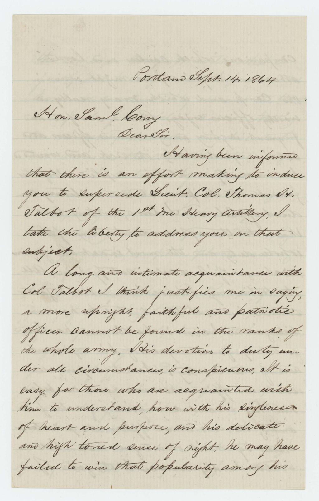 Miniature of Nathan Webb writes Governor Cony regarding the effort to promote Major Shepherd over Lieutenant Colonel Talbot