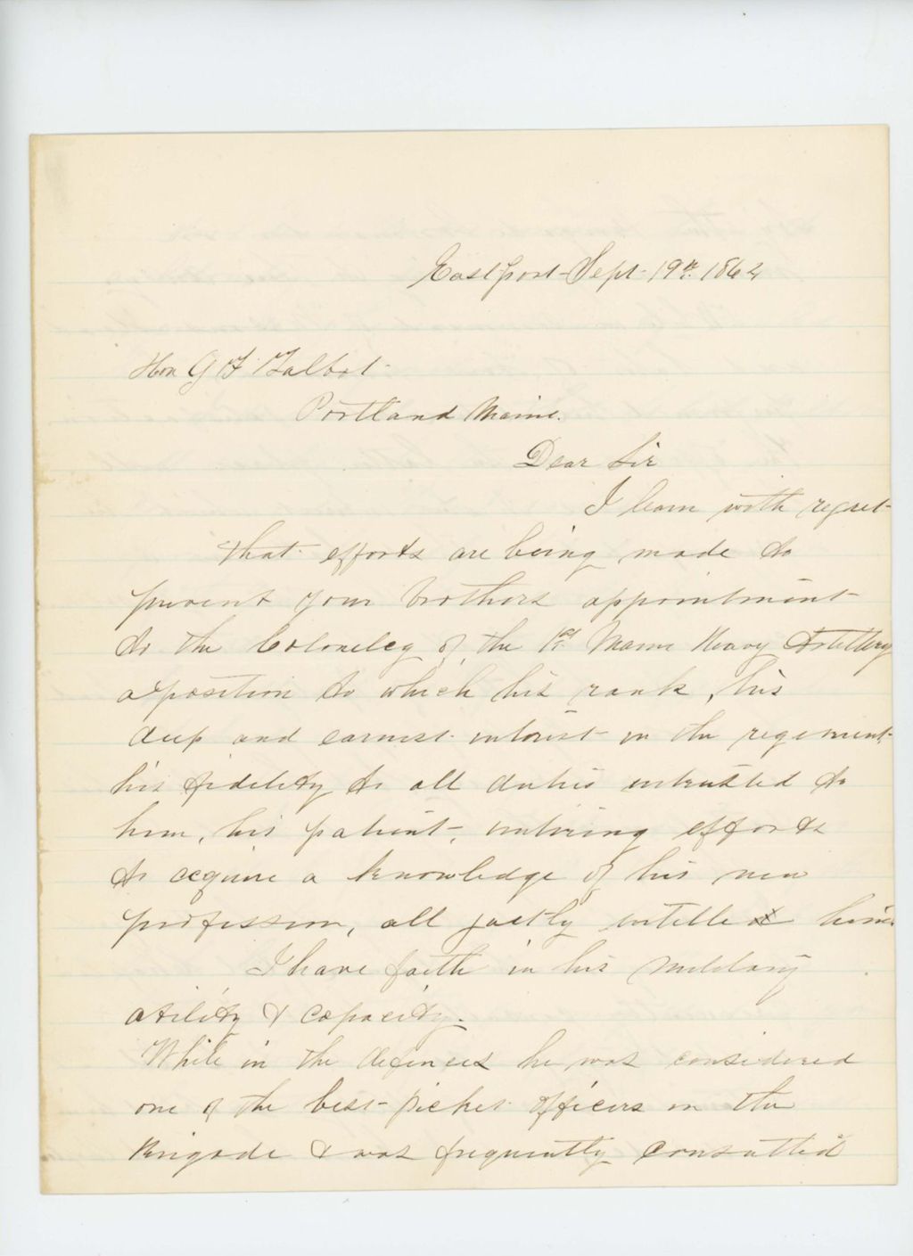 Miniature of Major George Sabine writes G.F. Talbot regarding efforts to block his brother Thomas' appointment as Lieutenant Colonel
