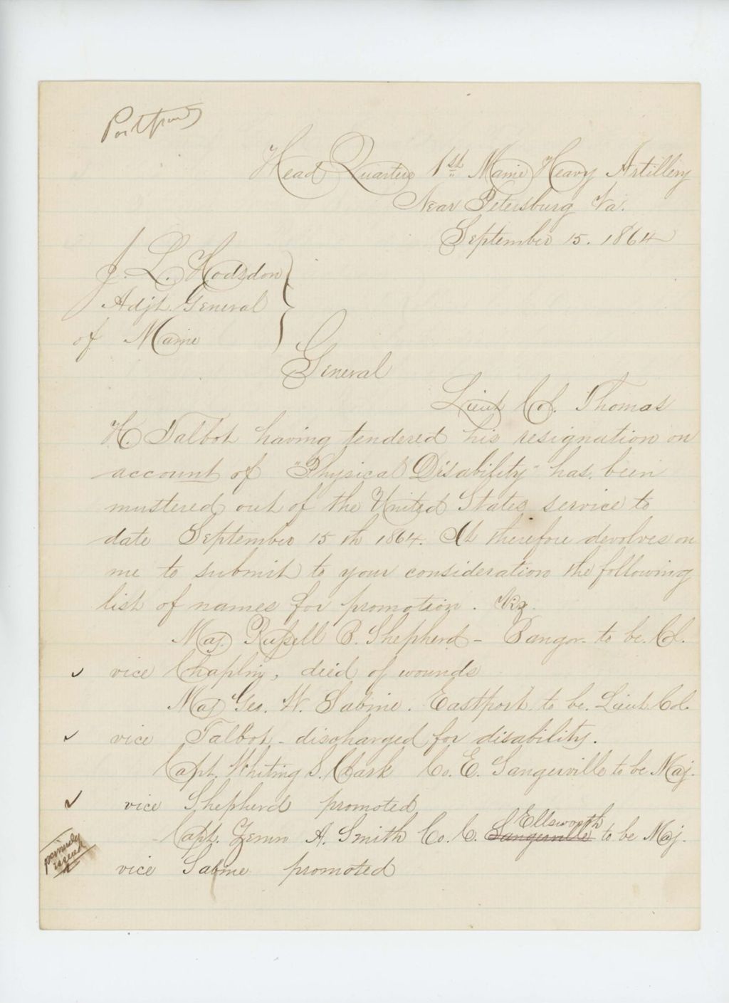 Miniature of Major Russell B. Shepherd forwards the resignation of Thomas Talbot and recommends several promotions in the regiment