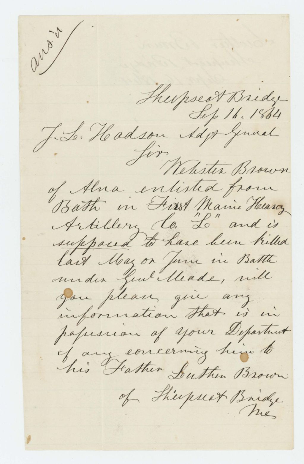 Miniature of Luther Brown of Sheepscot inquires about death of his son Webster Brown