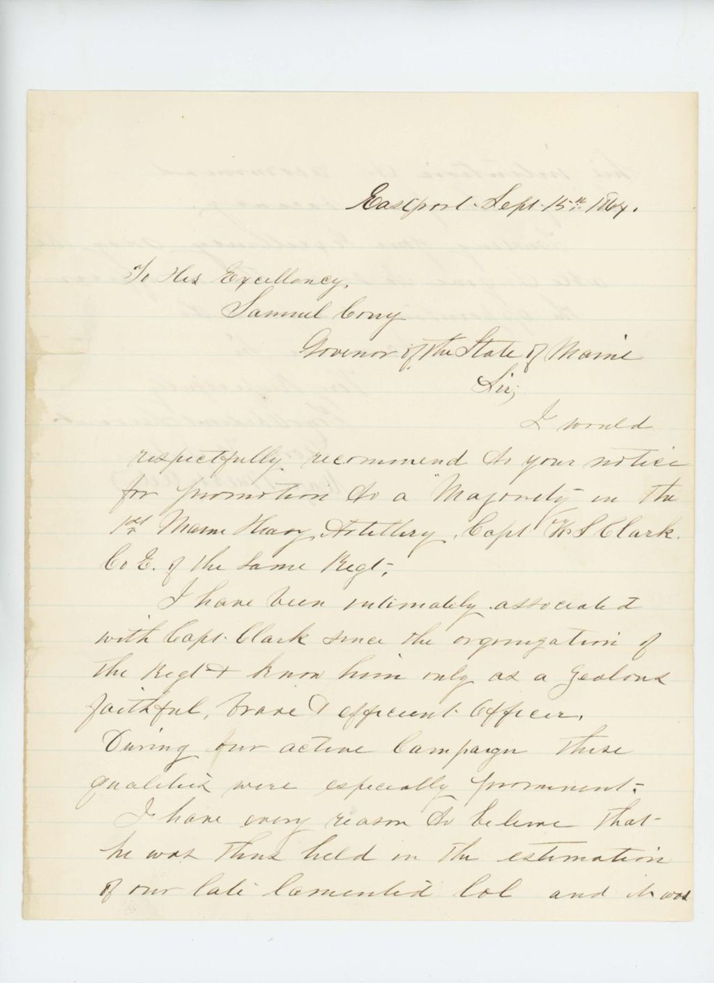 Miniature of Major George W. Sabine recommends promotion of Captain William S. Clark