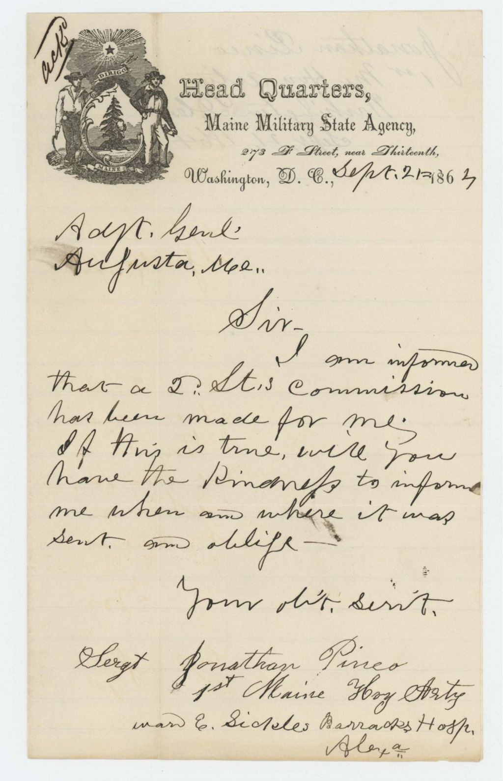 Miniature of Sergeant Jonathan Pineo inquires about his commission as lieutenant