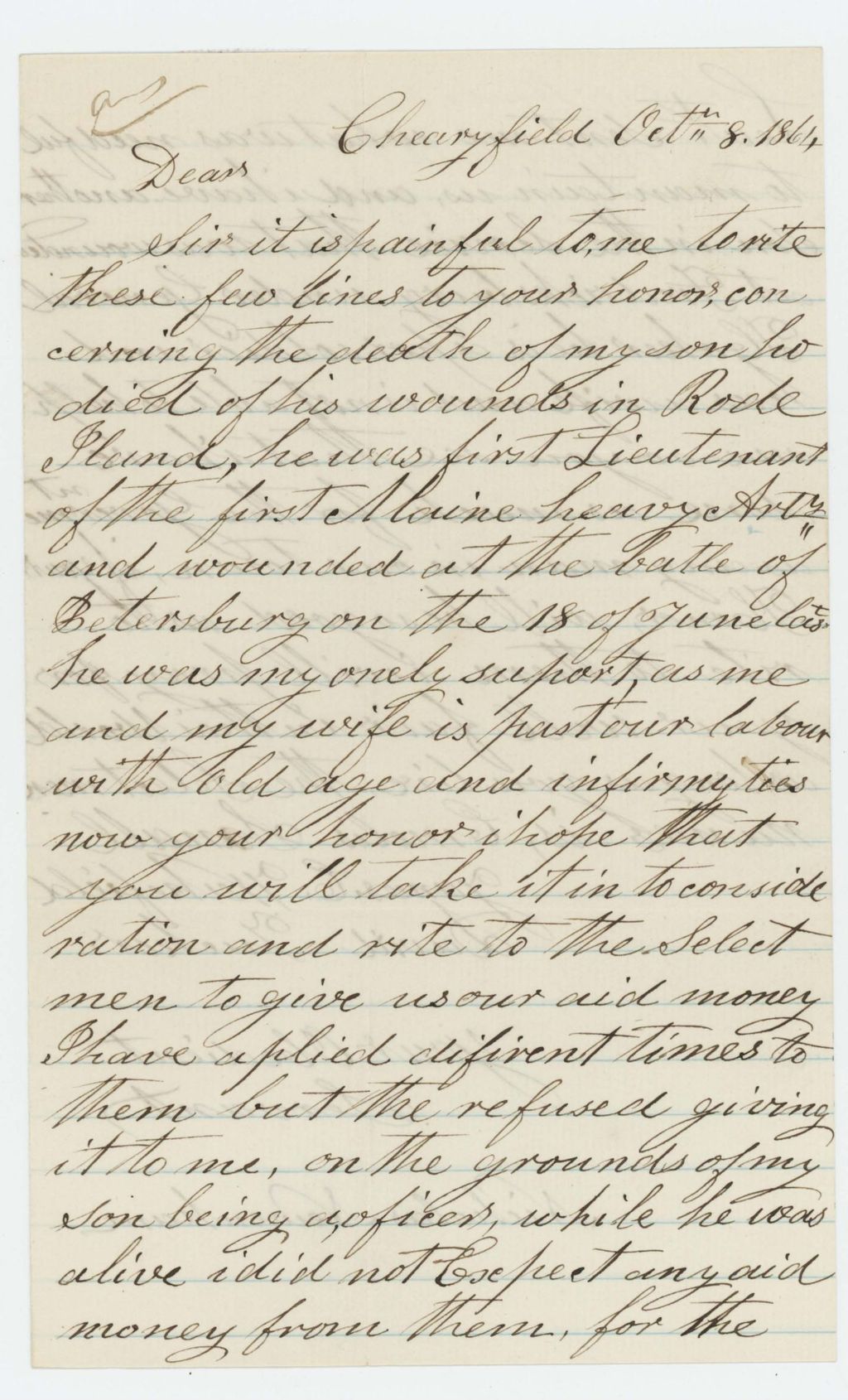 Miniature of Nicholas Newenham writes of the death of his son, who died of wounds from Petersburg, and of his other son wounded at Fredericksburg