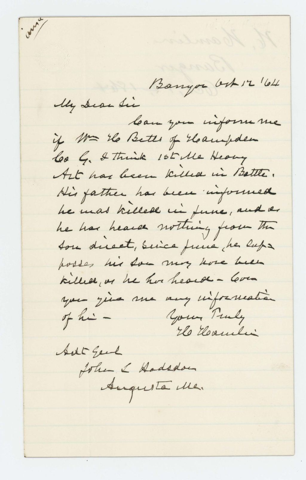 Miniature of Hannibal Hamlin inquires if William Betts was killed in battle