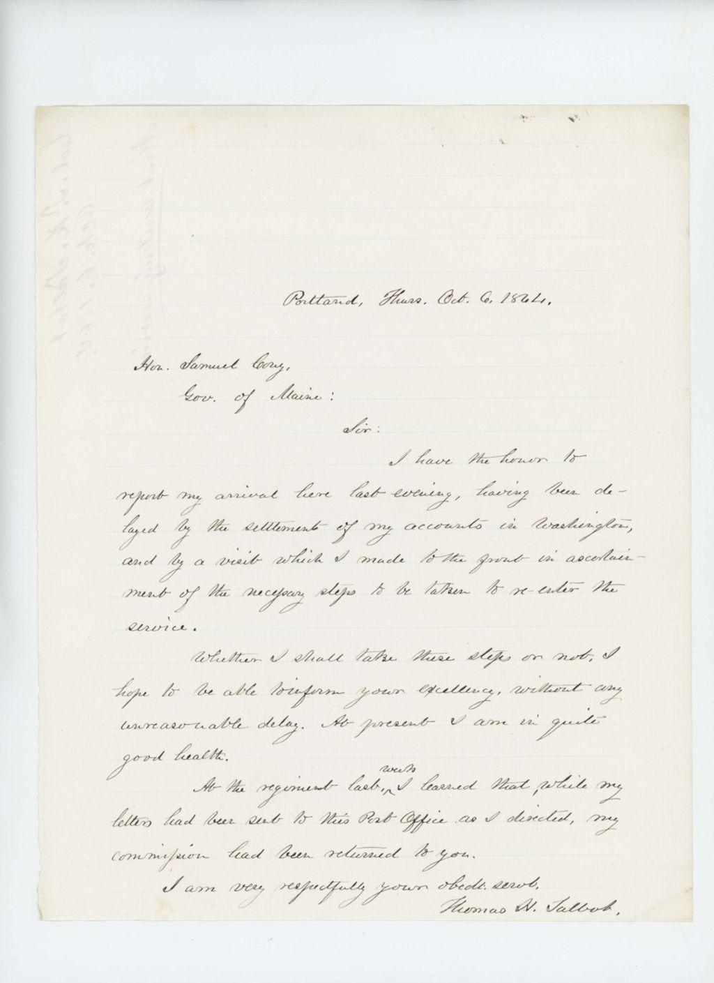 Miniature of Thomas H. Talbot writes Governor Cony about re-entering service