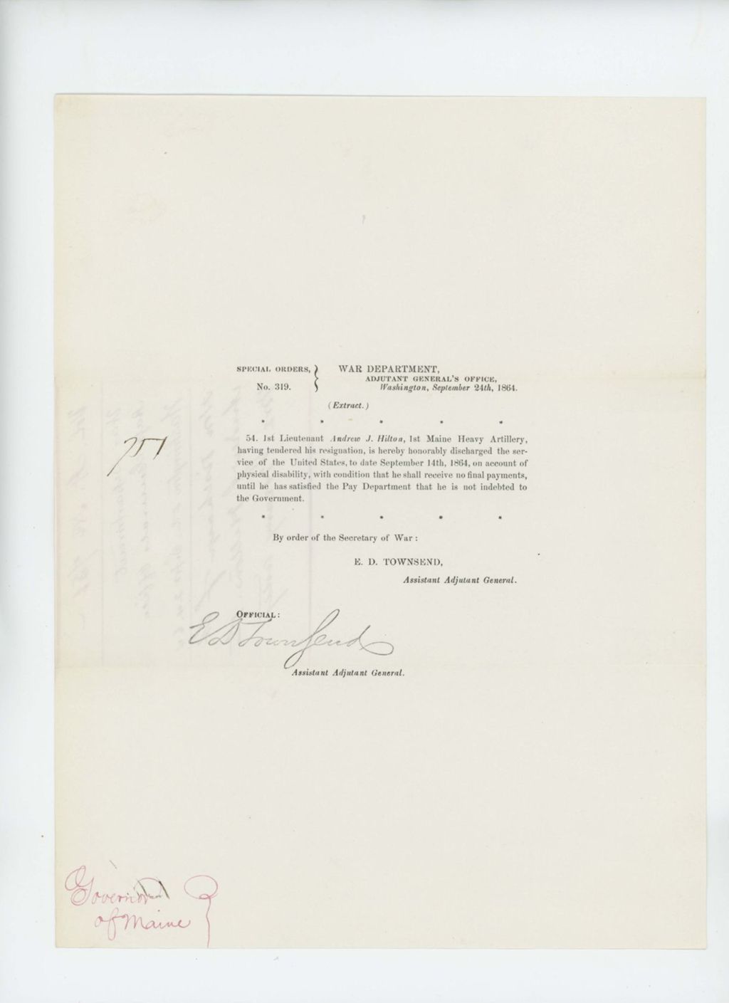 Miniature of Special Order 319 honorably discharging Lieutenant Andrew Hilton