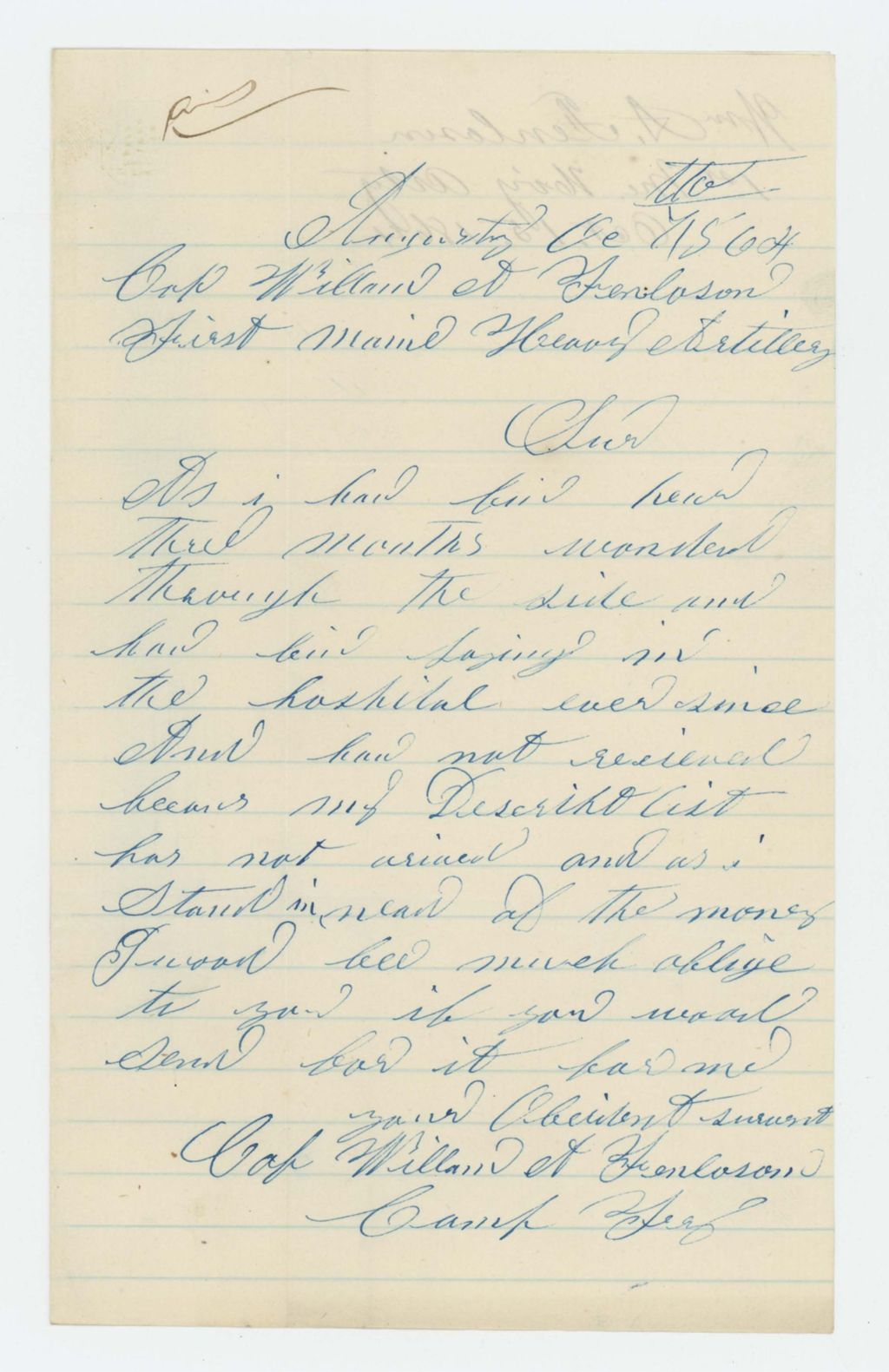Miniature of William A. Fenlason requests his descriptive list and payment as he has been wounded in the hospital since June