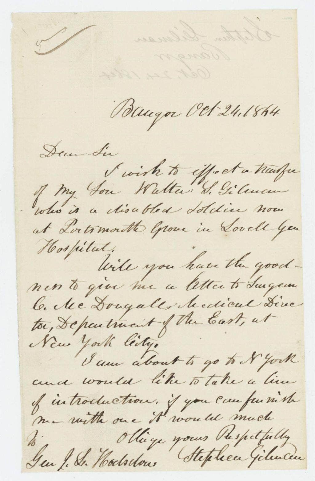 Miniature of Stephen Gilman requests to transfer his wounded son Walter from Portsmouth Grove, Lovell General Hospital