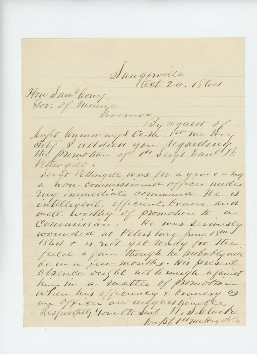Miniature of Captain W.S. Clark recommends Sergeant Daniel H. Pettengill for promotion
