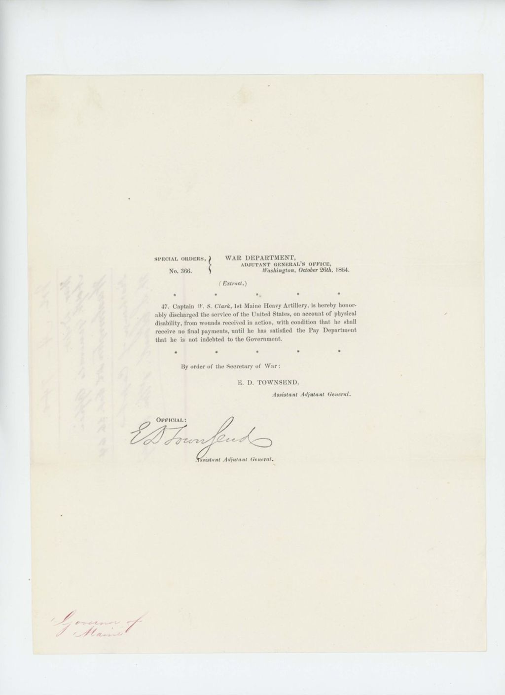 Miniature of Special Order 366 honorably discharging Captain W.S. Clark for wounds received in action